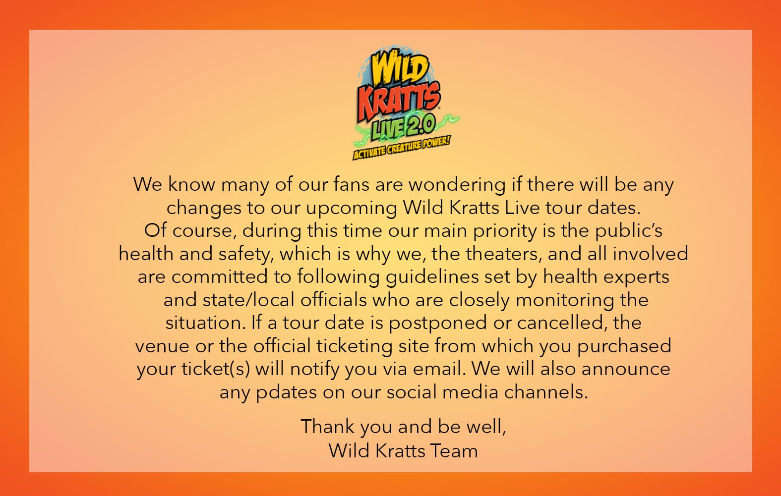 Wild Kratts Live Tour Coronavirus Update Body